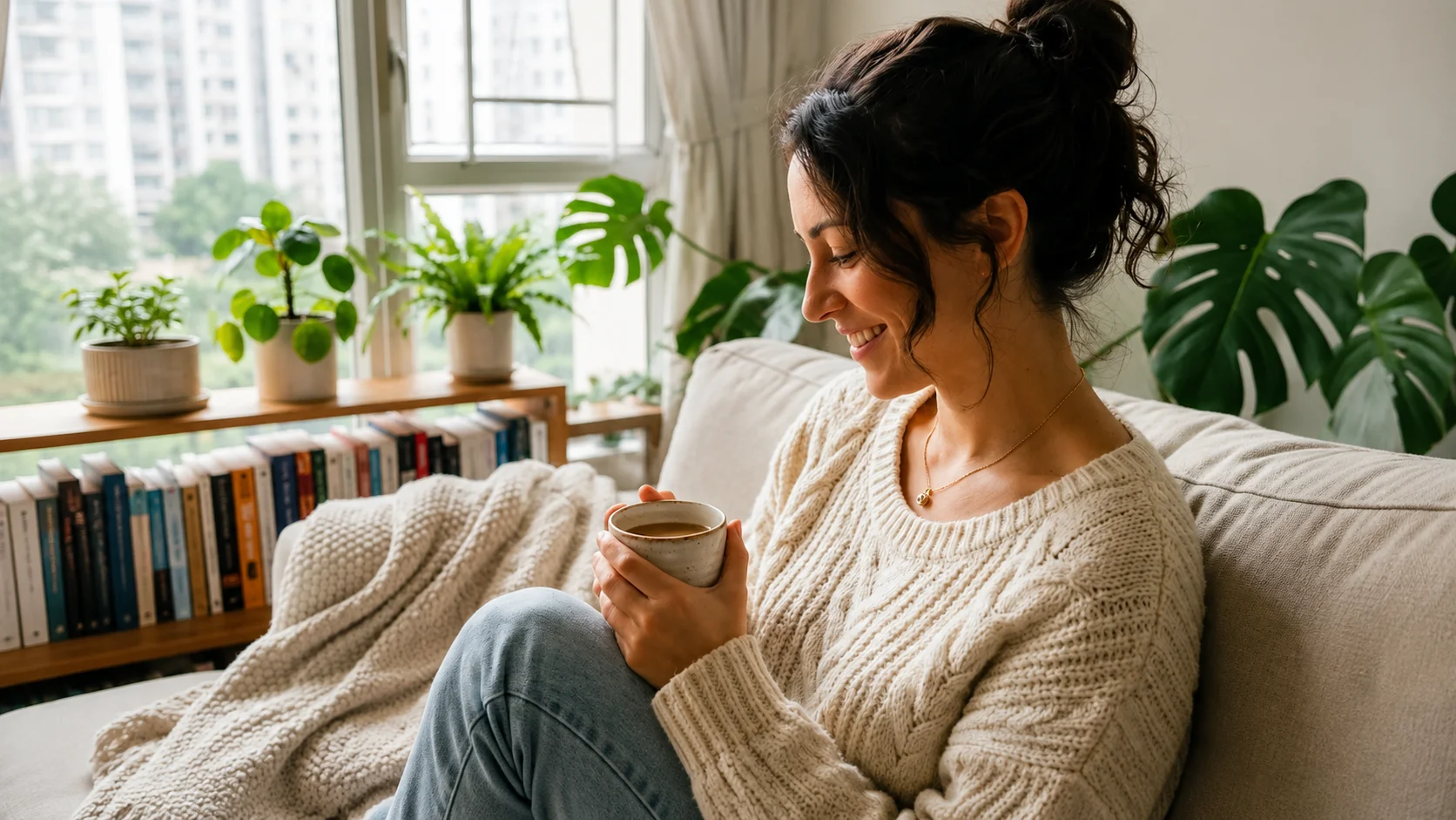 A smiling young woman sitting comfortably on a couch and holding a warm mug, in a bright living room filled with potted green plants and a bookshelf in the background.