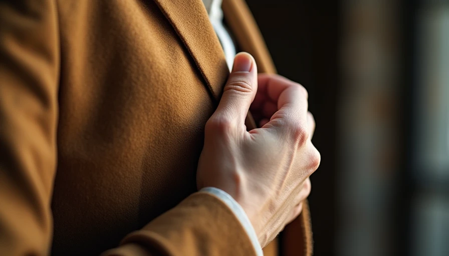 Hand examining the shoulder and fabric of a quality vintage blazer