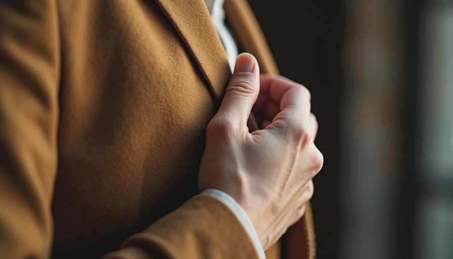 Hand examining the shoulder and fabric of a quality vintage blazer