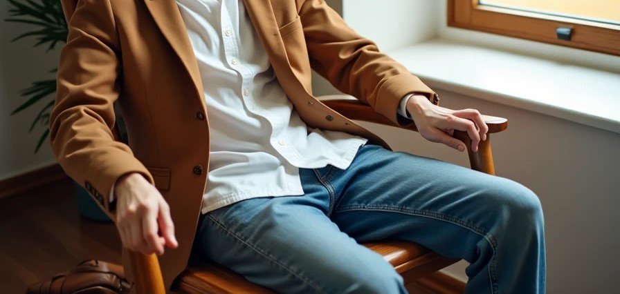 Practical no-plans outfit with jeans, shirt and blazer ready for leaving the house