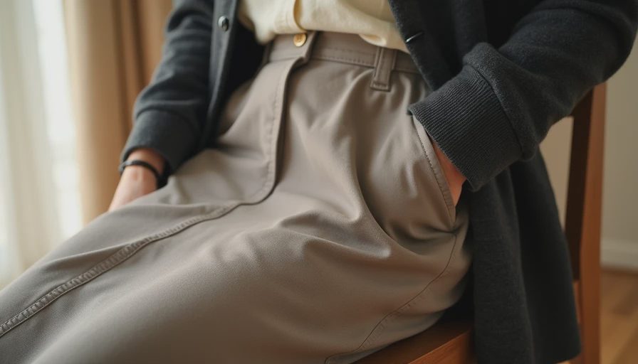 Everyday taupe midi skirt outfit showing effortless layering