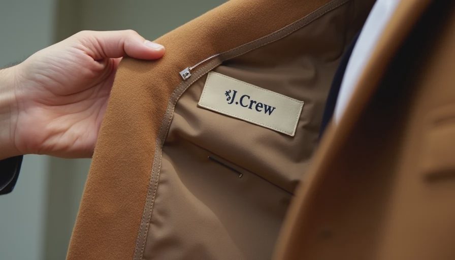Close-up of blazer label and construction quality in thrift shopping