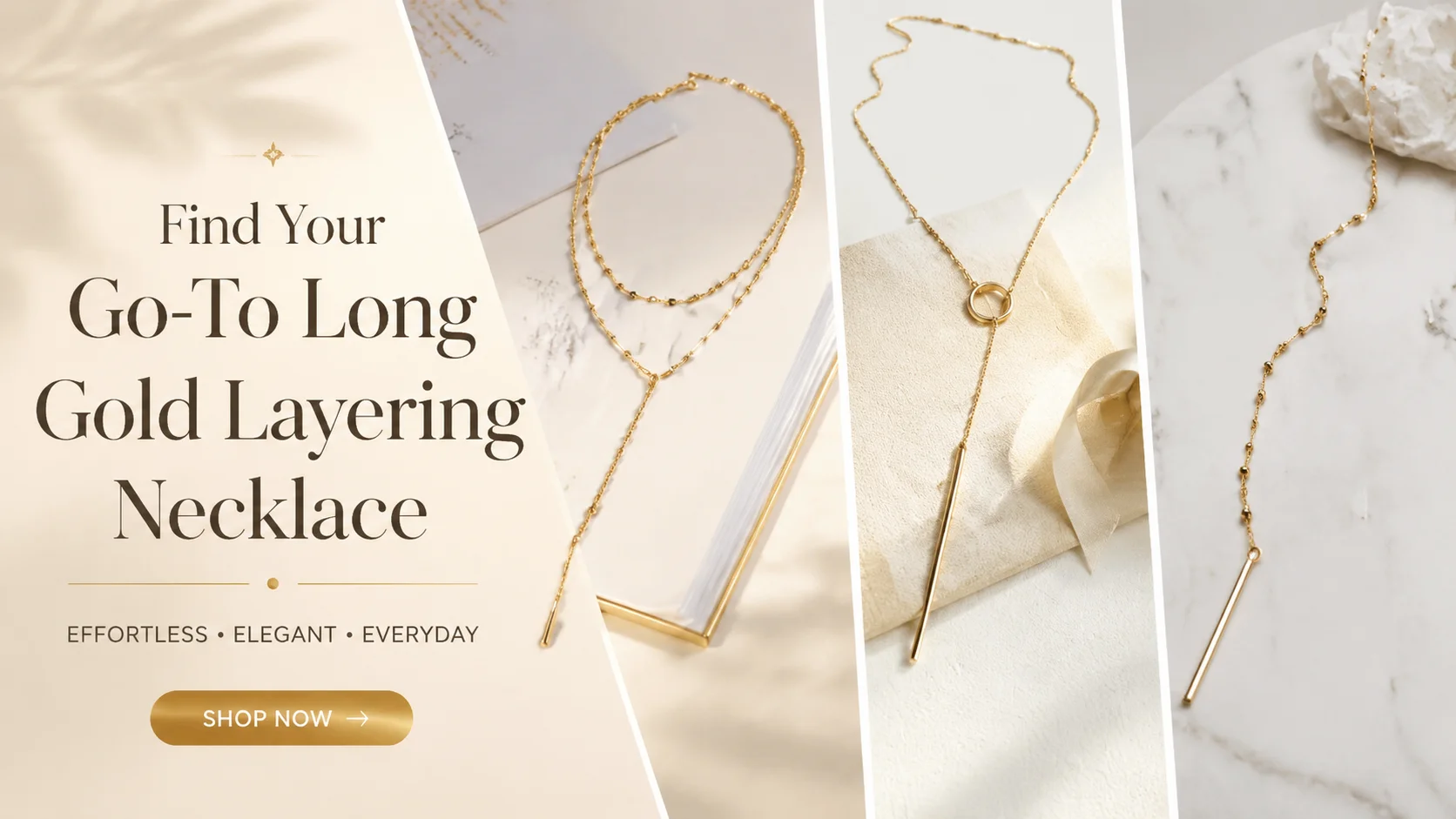 Shop delicate long gold layering necklaces for women, featuring minimalist lariat and bar pendants in a modern elegant aesthetic.