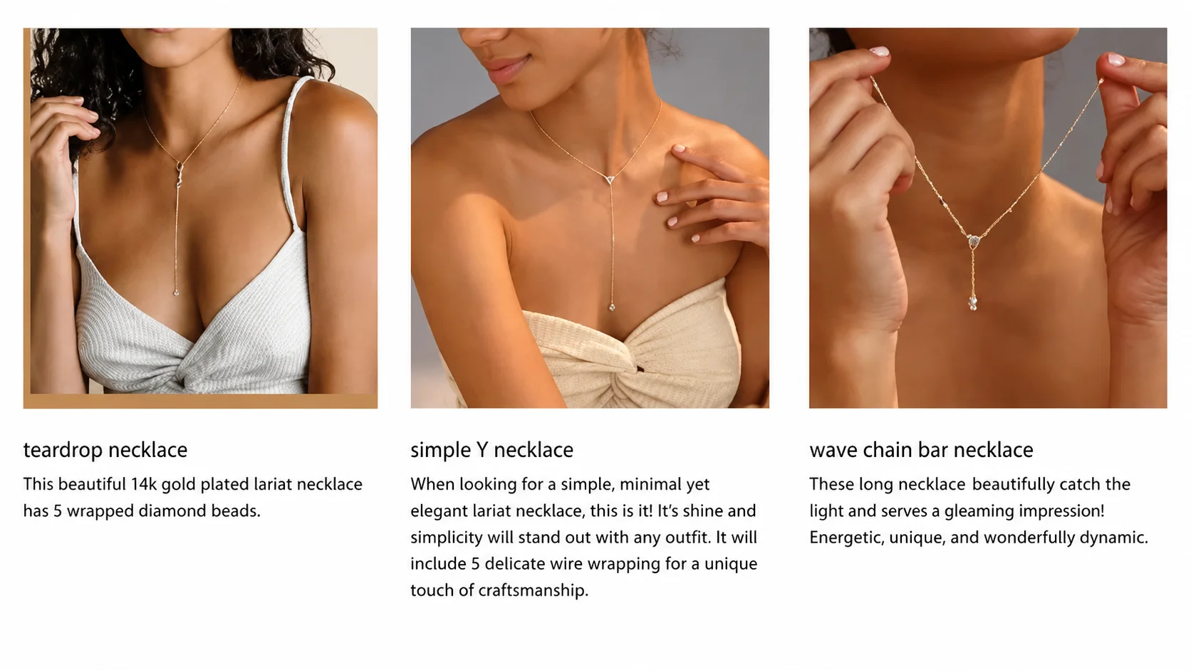 14k gold plated lariat necklaces for women, featuring a teardrop necklace with diamond beads, a simple Y necklace, and a wave chain bar necklace.