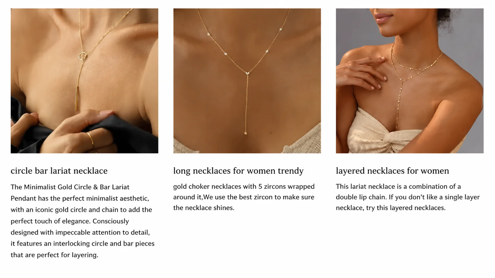 Gold lariat necklaces for women collection, including circle bar lariat necklace, long dainty choker with zircons, and double-layered lip chain necklaces.