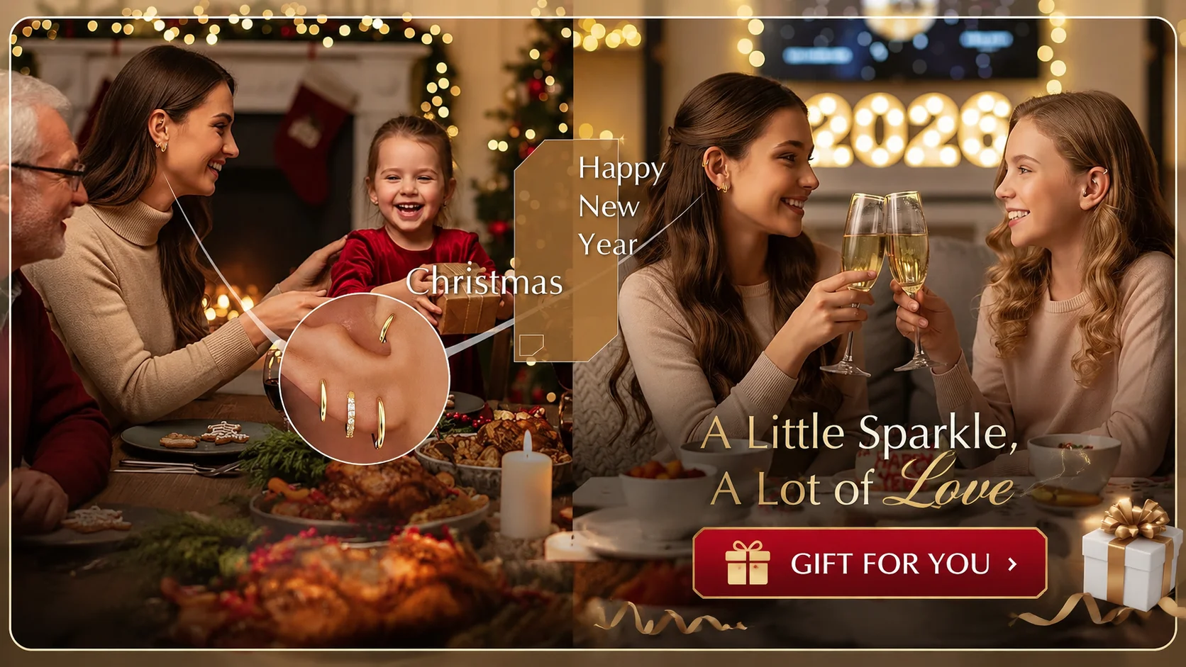 A Little Sparkle A Lot of Love New Year and Christmas jewelry gift banner with a red Gift for You button.