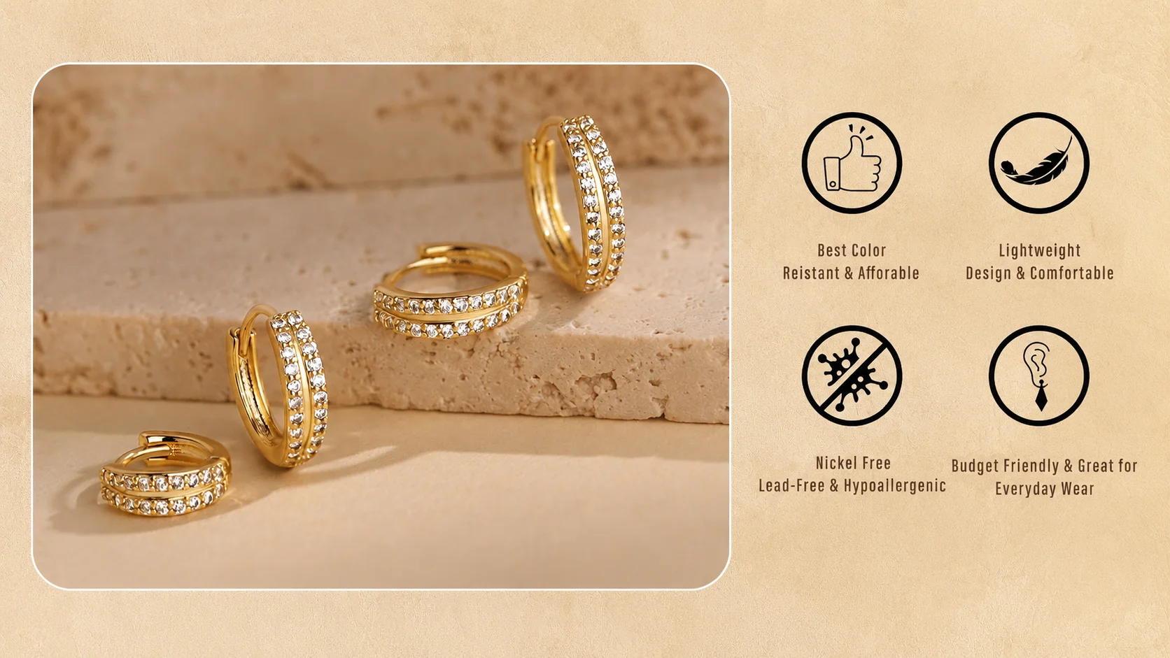 Double row cz pavé gold hoop earrings, shiny sparkling small huggies for vertical lobe and cartilage piercings.