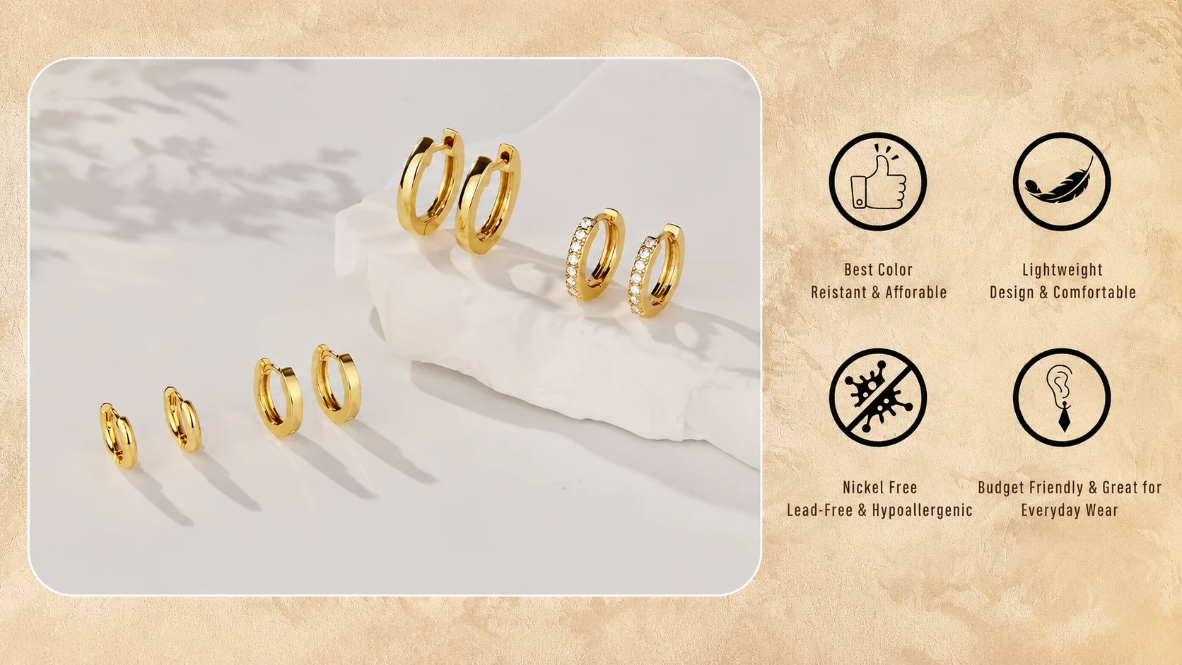 Assorted sizes gold plated huggie hoop earrings, lead and nickel free hypoallergenic dainty hoops for sensitive ears.