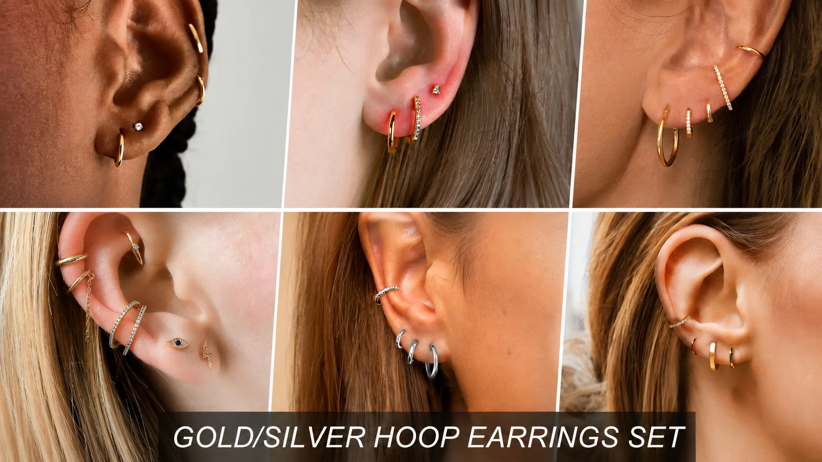 Gold and silver hoop earrings set for multiple piercings, small cartilage huggie hoops, and paved conch cuffs for women.